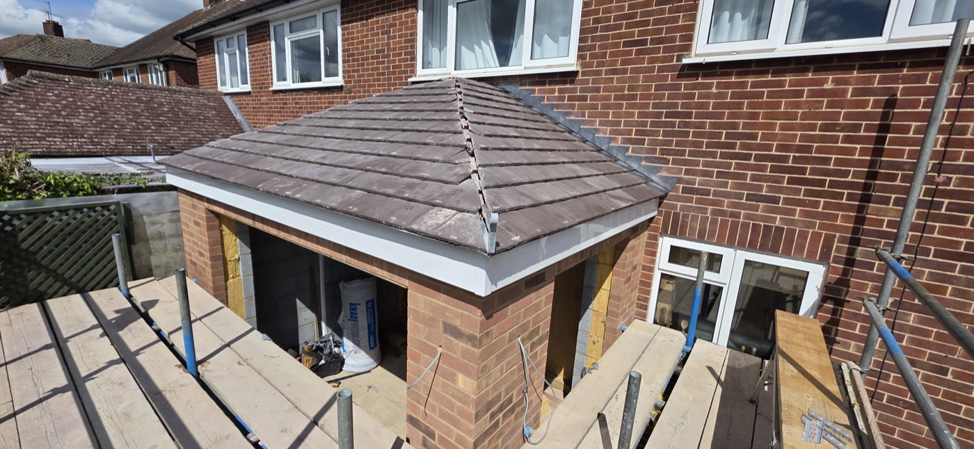 Extension hip roof completed, front view